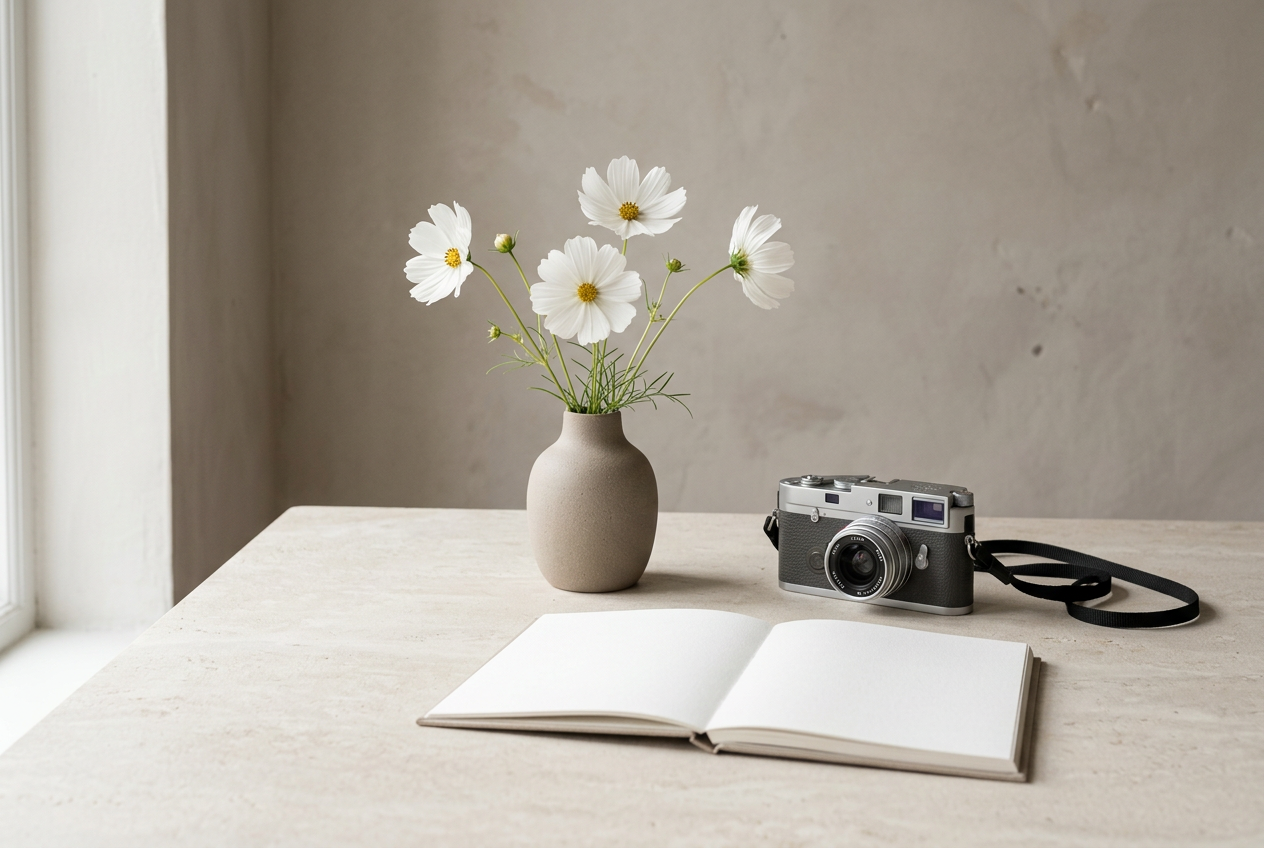 A taupe ceramic vase, white flowers, a camera and a sketchbook in a softly lit creative studio